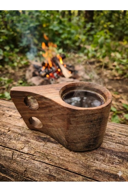 %100 Doğal Ceviz Ağacı El Yapımı Kuksa Bardak - Kamp Ve Outdoor Ahşap Mug