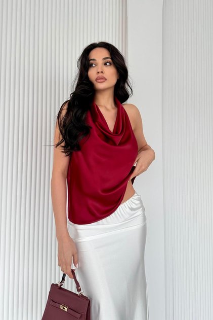 Burgundy Degaje Collar Draped Satin Blouse