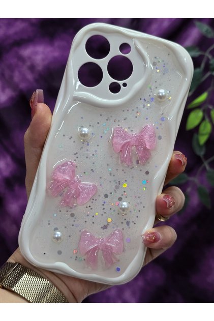 iPhone 14 Promax Compatible Pink Bow & Pearl Detailed Glittery Epoxy Phone Case
