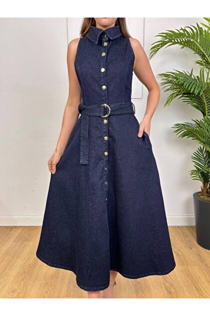 BEAUTY FASHON Women's Buttoned Slit Belted Denim Fabric Belted Midi Denim  Dress - Evening Dress & Graduation Dress- Trendyol