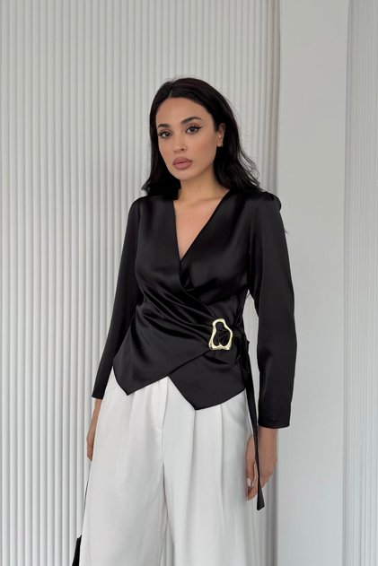 Black Double-Breasted Collar Buckle Detailed Satin Blouse