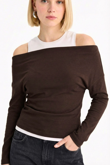 Slim Fit Narrow Cut One-Shoulder Double-Layered Rib Knit Cotton Long-Sleeve T-Shirt