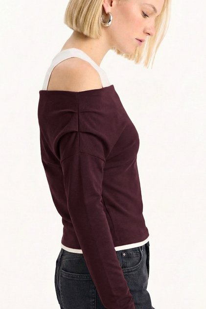 Slim Fit Dar Kesim Tek Omuzlu Çift Katmanlı Ribana Pamuk Uzun Kollu Tişört - Bordo 2