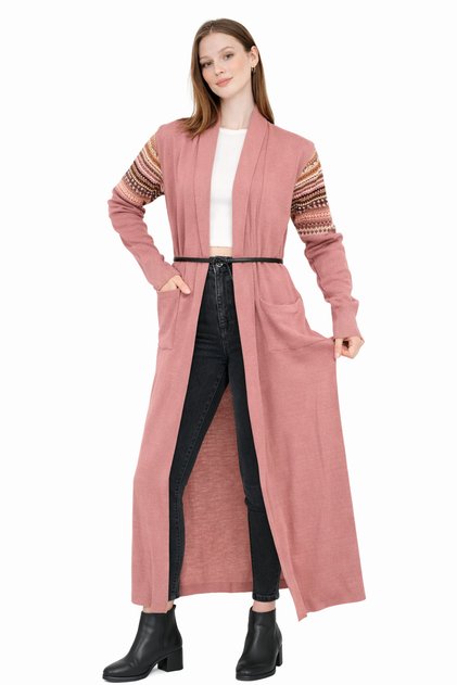 Women's Dusty Rose Kilim Patterned Long Cardigan - Kh0001