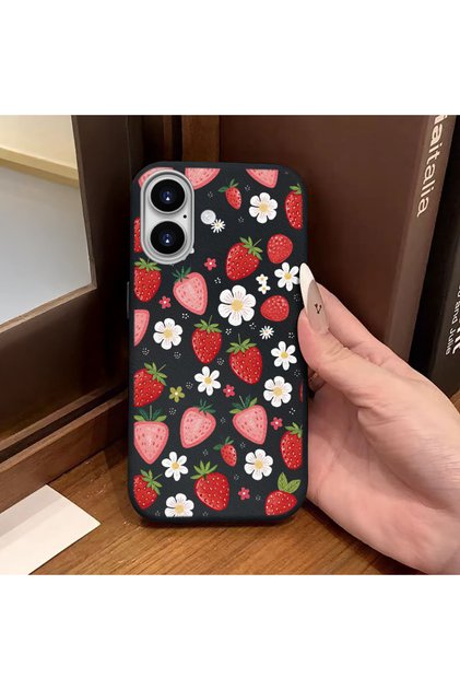 iPhone 16 Compatible Phone Case Leather Texture Anti Fall Soft Silicone Strawberry