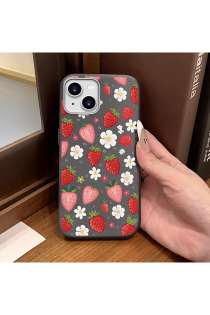 iPhone 14 Plus/15 Plus Compatible Phone Case Leather Texture Anti Fall Soft Silicone Strawberry