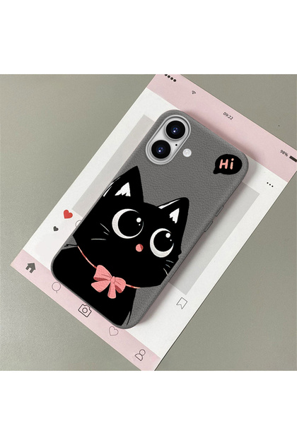 iPhone 16 Compatible Leather Texture Anti-Fall Soft Silicone Phone Case Cat