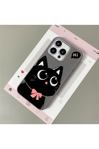 iPhone 16 Pro Compatible Leather Texture Anti-Fall Soft Silicone Phone Case Cat