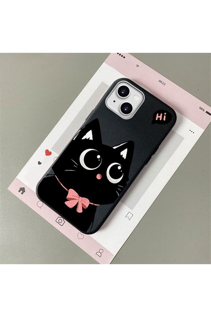 iPhone 14 Plus/15 Plus Compatible Leather Texture Anti-Fall Soft Silicone Phone Case Cat