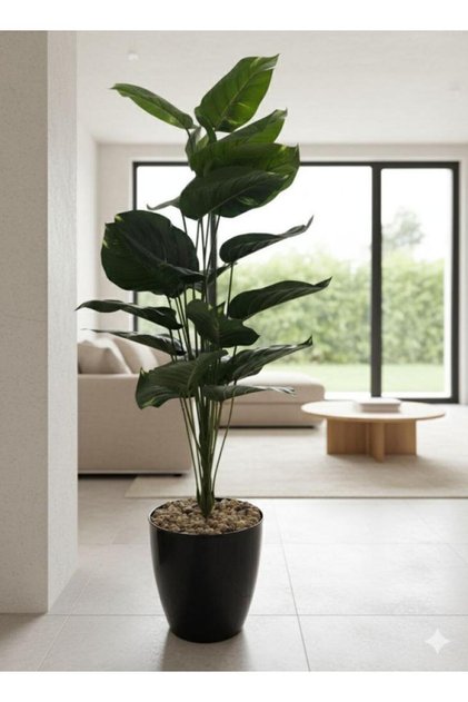 A 100cm tall artificial green plant in a stylish black pot