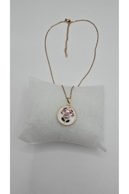 Stainless Steel Gold Color Vintage Flower Detail White Enamel Pearl Stone Necklace