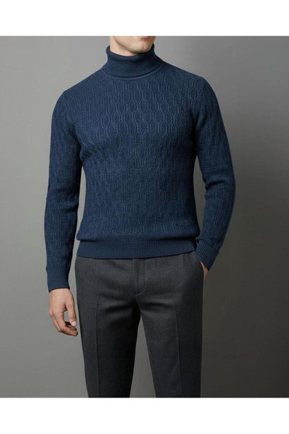 Italian Style S Slim Fit Turtleneck Knitwear Men's Sweater Navy Blue T13253