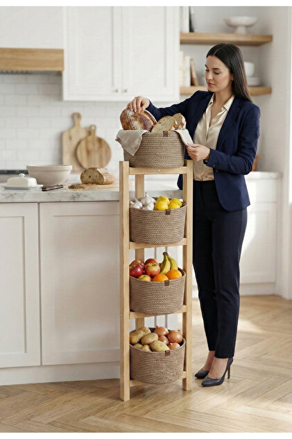 MARFİİ 4 Katlı Doğal Ahşap Sebzelik Meyvelik, Hasır Görünümlü Çok