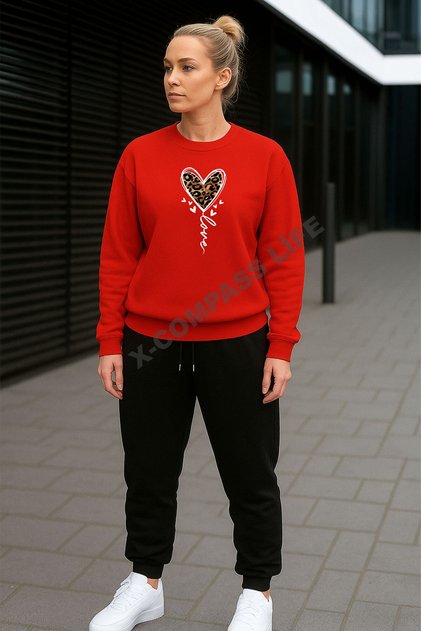 Cotton Minimal Heart Leopard Printed Zero Necklace Sweatshirt Set