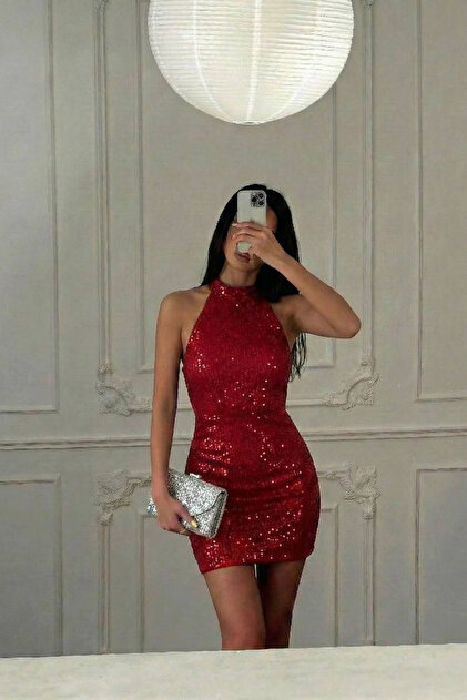 ZR Model Sıfır Yaka Omuz Dekolte Pul Payet Mini Elbise
