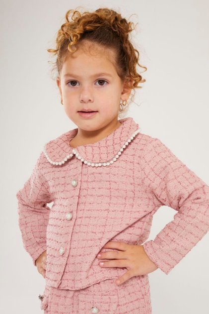 Pearl Detailed Tweed Girl's Suit-Pink
