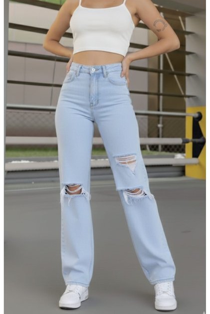 Lina 90's material elastic Pantaloni de blugi largi pentru femei, albastru deschis, Snow Super talie înaltă