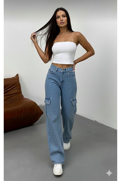 Cery 90`S Stretch Fabric Shabby Cargo No Back Pocket Blue Super High Waist Shabby Leg Denim Jeans