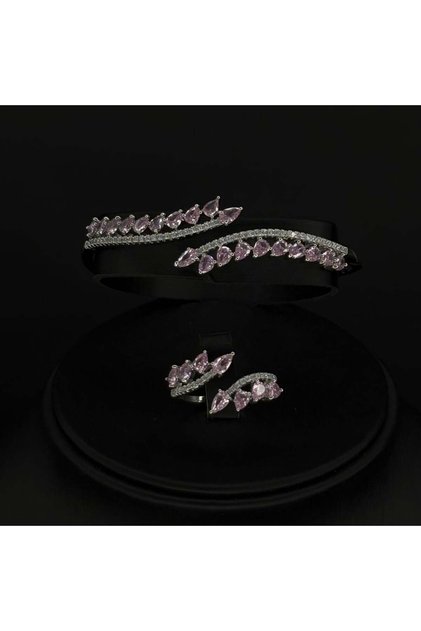Bracelet with ring, diamond and zircon setting, mixed silver and pink color, special and unique edition
