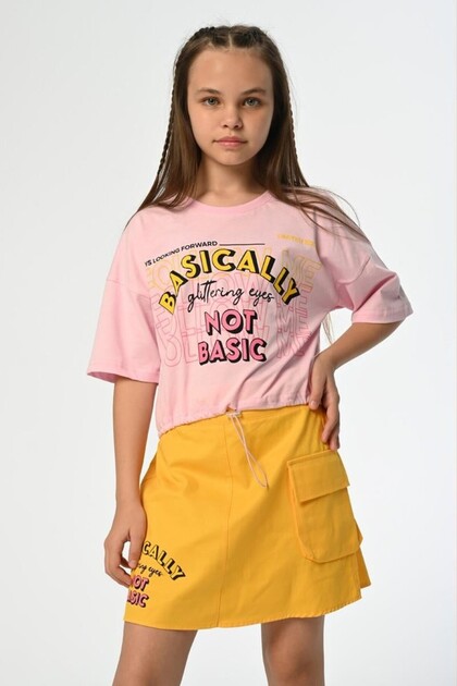 09-15 Years Old Girl's Pink Color T-Shirt with Elastic Waist