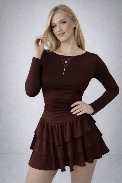 Aci Brown Skirt Layered Flounce Mini Dress