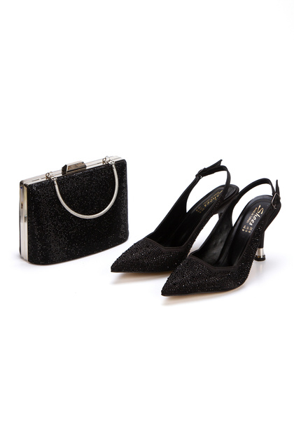 Women's 9 cm Stone Embellished Evening Dress Shoes and Black Stone Bag Set