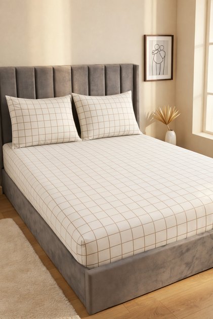 King Size Double Cotton | Elastic | Sheet Set | Cream Square
