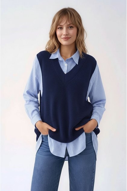 Vestă tricotată damă, căptușită, cămașă cu mâneci lungi, guler de cămașă, stil cămașă, sportiv șic, pulover