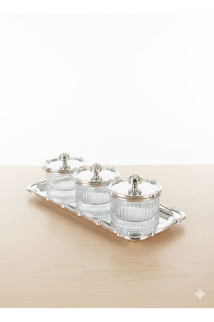 3lü Kristal Cam Çerezlik ve Sunum Çerçeveli Baton Tepsisi Seti & Reçellik, Şekerlik, Tatlı Kasesi