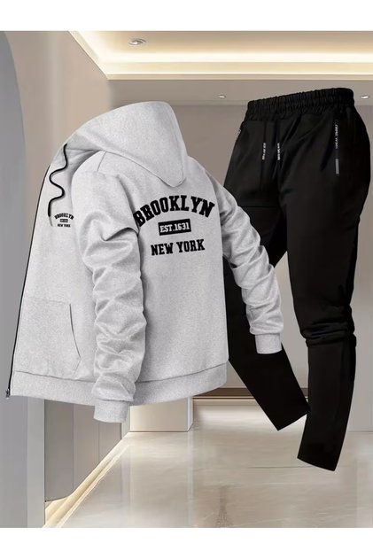 Baskılı fermuarli swetshırt eşofman altı 2 li takım alt üst Takımı