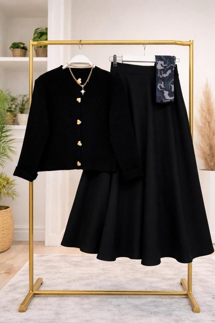 Heart Buttoned Knit Cardigan and Flared Skirt Two-Piece Set (Cardigan Standard Size, Skirt Sized)