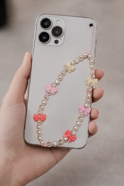 Bow Pearl Phone Charm Pink Hearts Phone Lanyard Bag Ornament