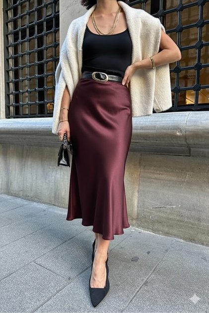 Fusta de damă din satin premium, lungime midi, burgundy