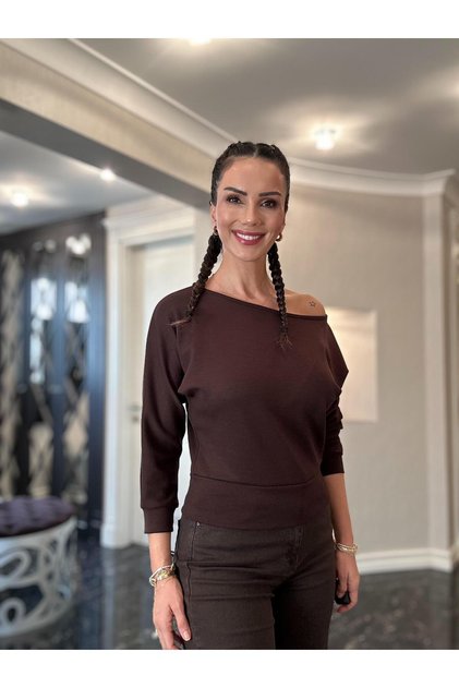 Brown Long Sleeve Wide Neck Blouse