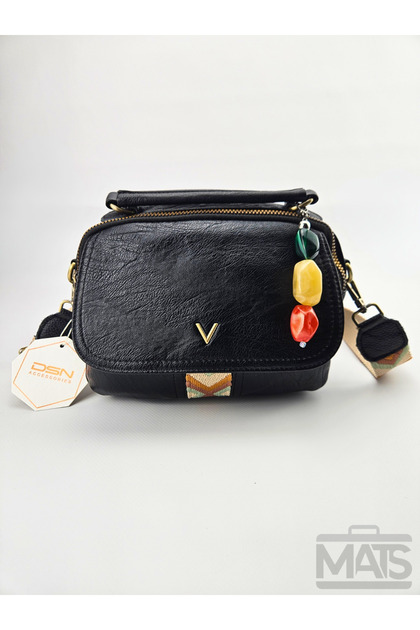 Black Hand and Shoulder Bag with Mineral Stone Double Strap