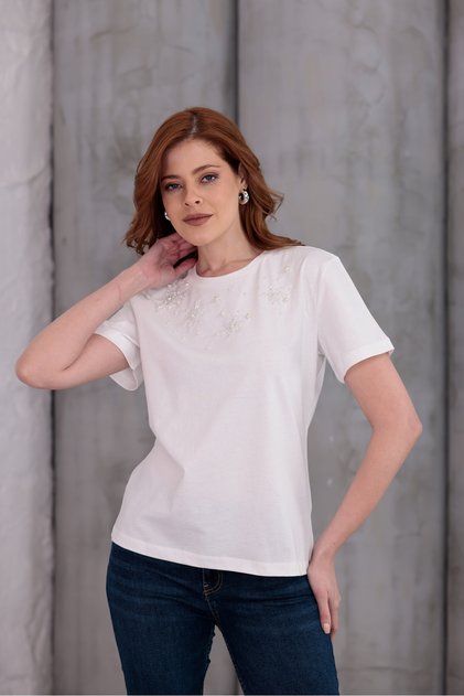 KADIN T-SHIRT BONCUKLU BEYAZ