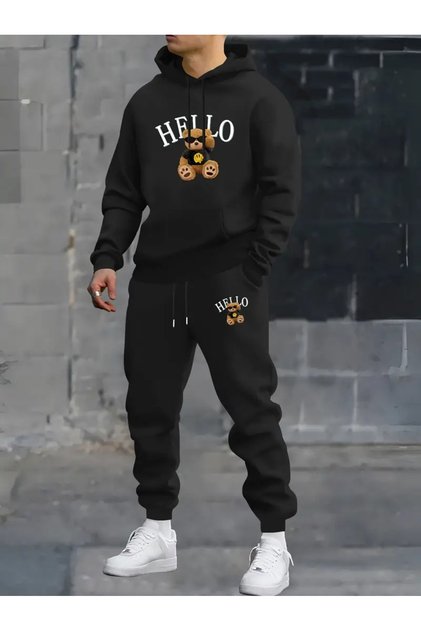 Set de trening unisex Hello Bear cu imprimeu cu glugă supradimensionat din bumbac