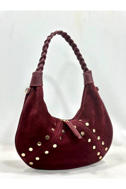 Genuine Suede Leather Women's Baguette Model Shoulder Bag with Studded Details