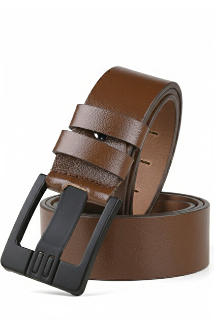 Light Brown 100% Genuine Leather Men's Belt with Black Buckle Thick Tongue Adjustable Domestic Production 2502655