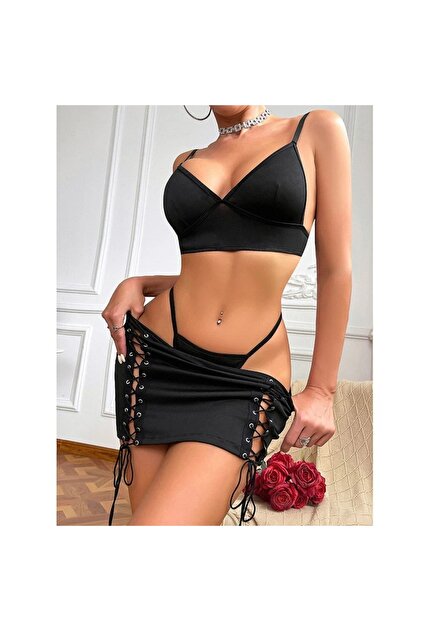 Women's Black Lace-up Side Mini Skirt and Crop Top Set - Bodycon Clubwear 2 Piece Outfit