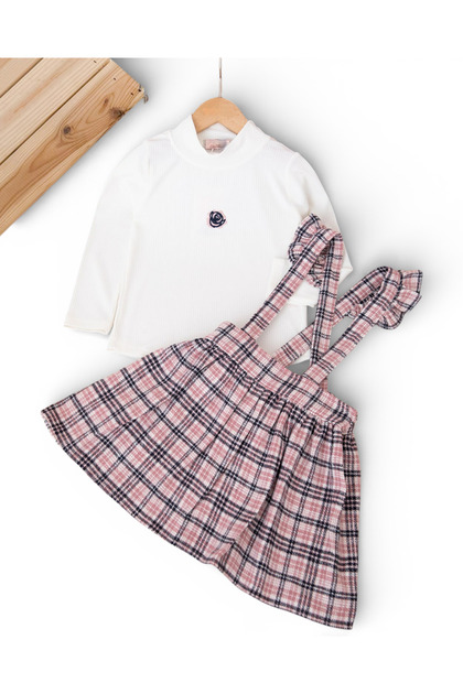 Girl's 4-5-6-7-8 Year Old Woodcutter Fabric Salopetli Badili 2-Piece Set, Plaid Patterned Dress
