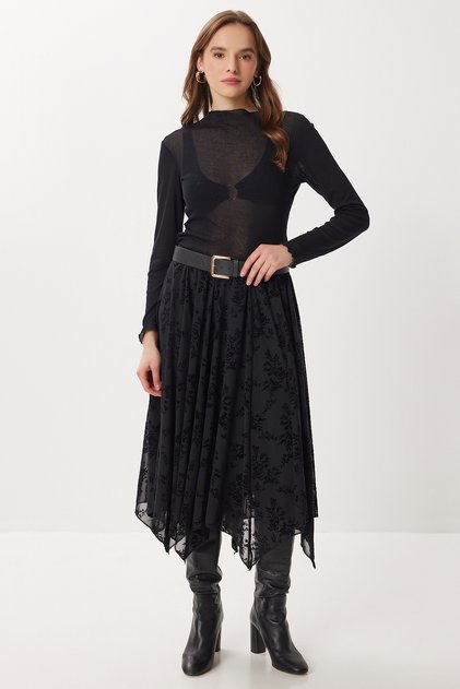 Velvet Patterned Asymmetrical Tulle Skirt Lnt0019 Black