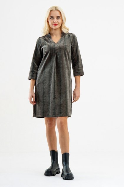 Velvet Snakeskin Patterned Pocket V-Neck 3/4 Sleeve Women's Dress