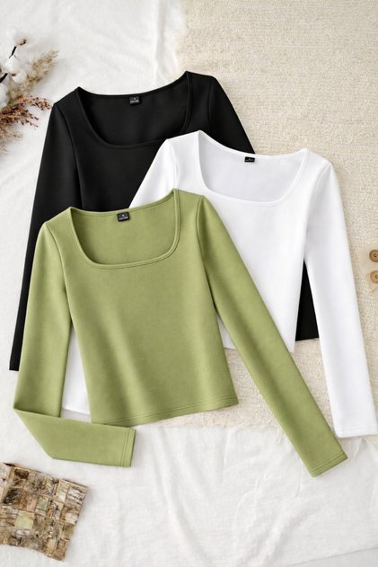3 Pieces Square Neck Basic Plain Fabric Long-Sleeve Stretch Fabric Blouse