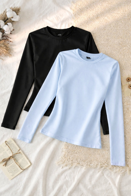 Set 2 bluze basic cu guler rotund, mânecă lungă, material elastic, uni