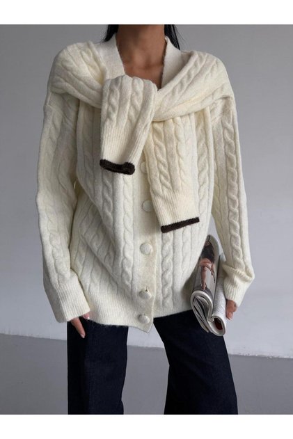 Women's Soft Textured Hair Braid Detailed Buttoned Extra Sleeve Detail Loose Fit Cardigan - 2561