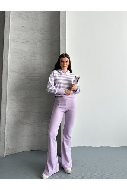 Women's Hooded Striped Sweatshirt Flared Leggings Two-Piece Set