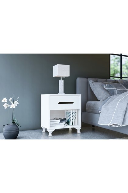 GM020 KOMODİN, SİYAH KULPLU, BEYAZ