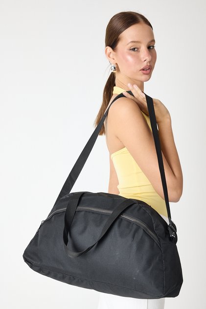 Women's Black Large Size Fabric Sports and Travel Shoulder Bag with Front Zipper