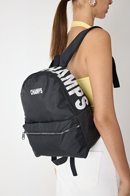 Women's Black Front Zippered Printed Fabric Backpack